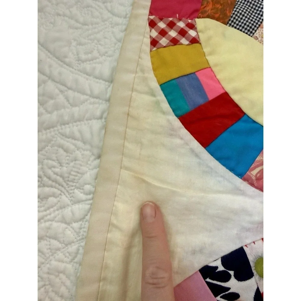 Vintage Handmade Colorful Floral Scrap Pink Double Wedding Ring Full Quilt 80x90